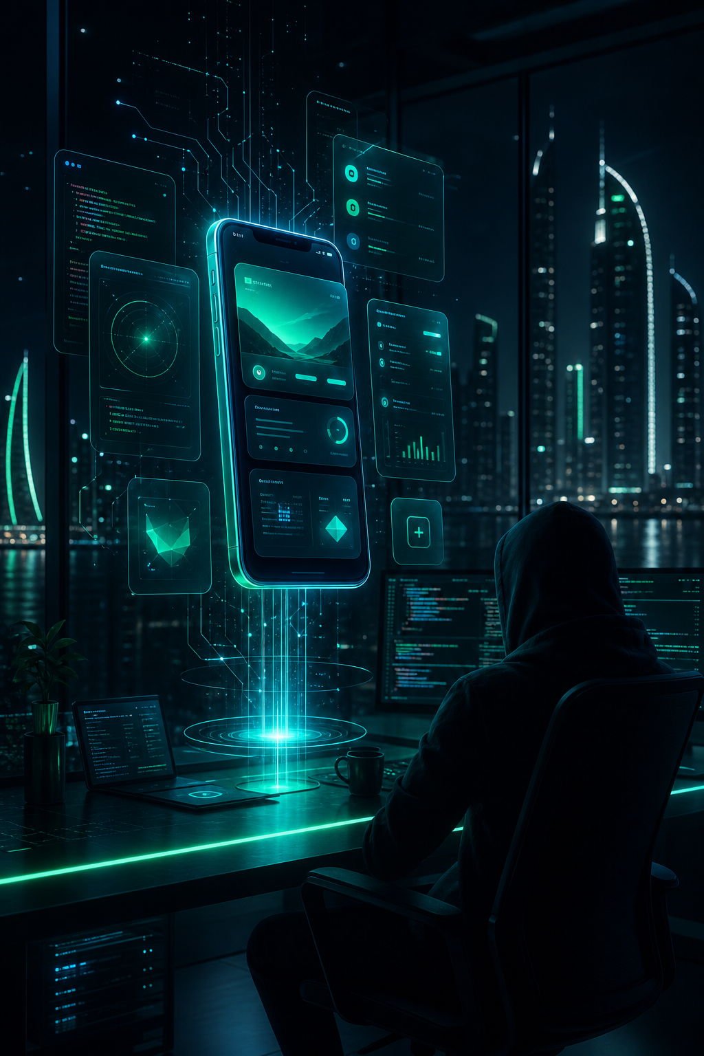 Futuristic mobile app development workspace with glowing app interface panels